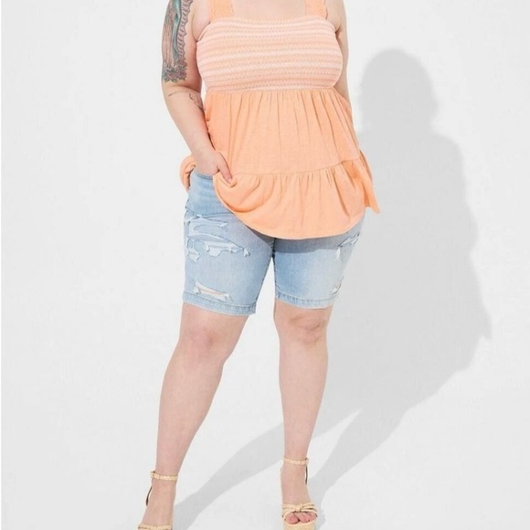 Torrid 4 Plus Smocked Babydoll Blouse Peach Ruffle Strap Cottagecore Festival - Picture 13 of 14
